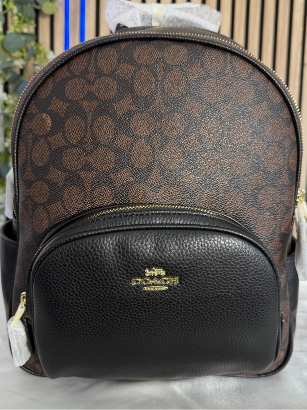 WOW 🔥 NEW🌻💛Coach Brown Court Signature Canvas & Black Leather Compact Backpack